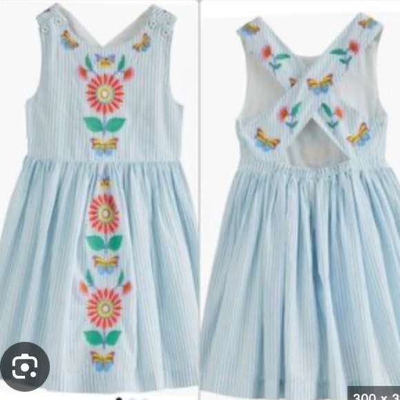 Mini Boden Dress 7-8 Embroidered Floral Cross Back Cotton Stripe Preppy Beach - Picture 2 of 13